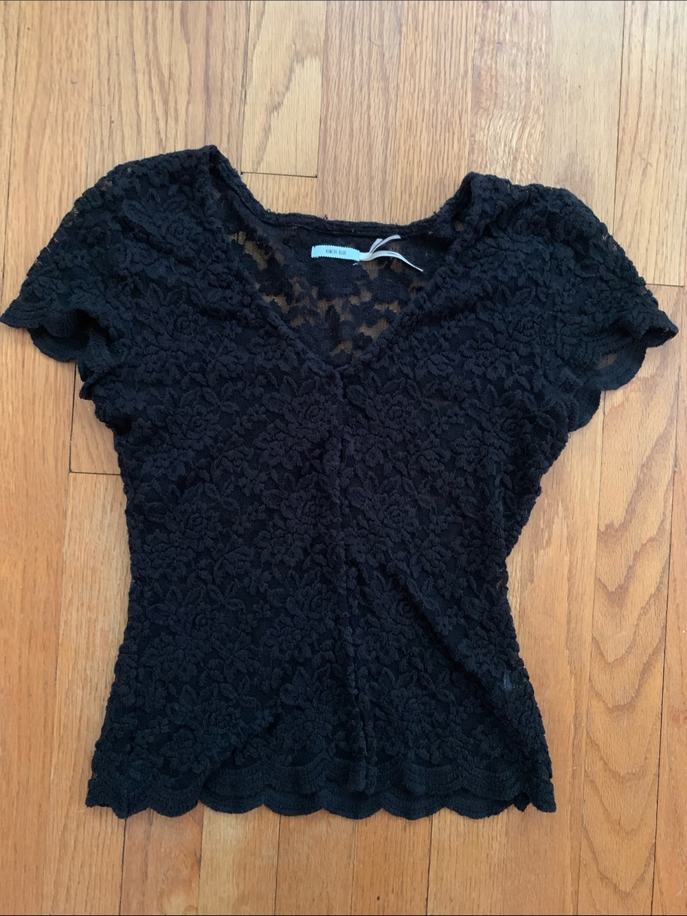 Kimchi Blue Sheer Black Floral Lace Short Sleeve Button Front Top
